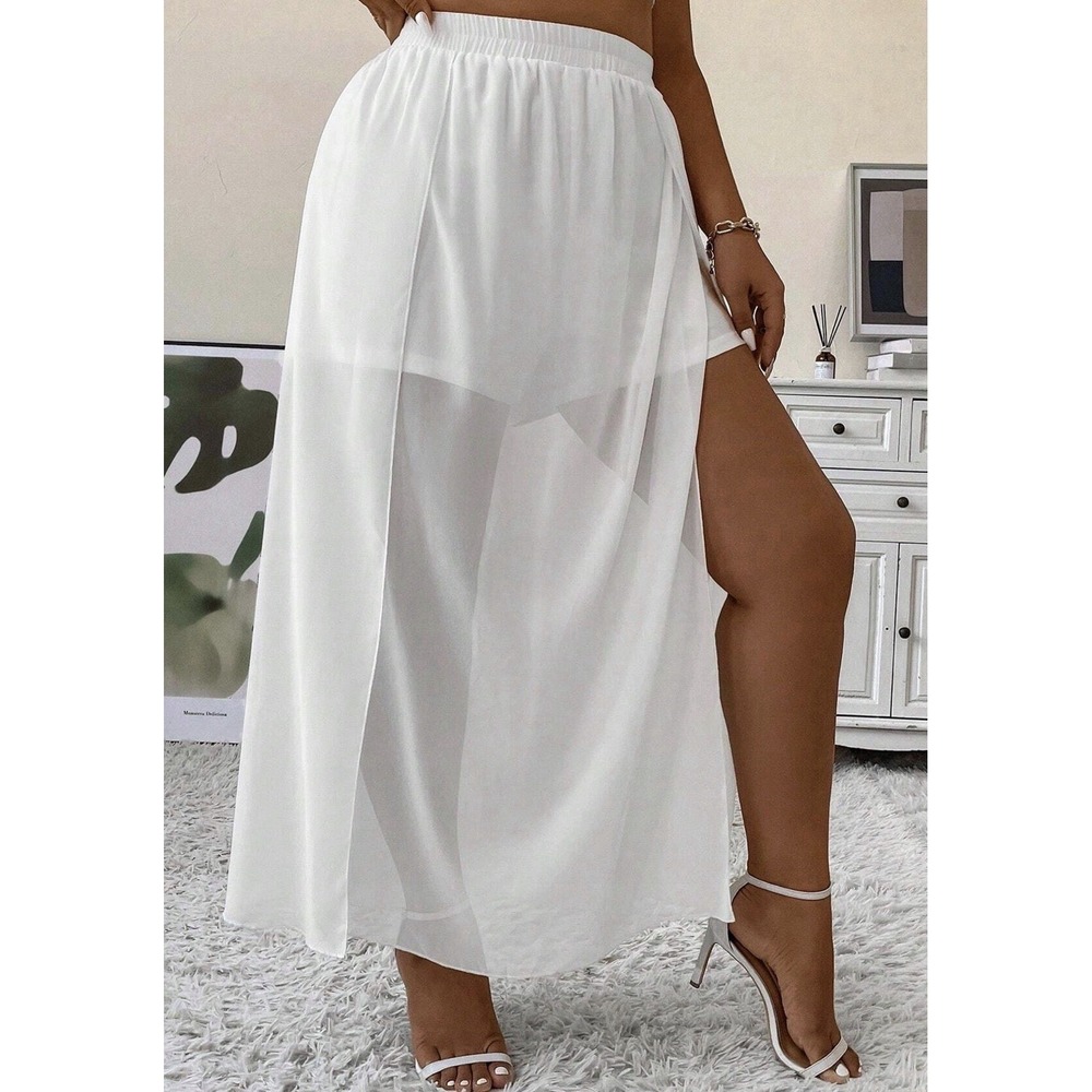 Womens White Sheer Maxi Skirt Built-In Shorts Size L Elastic Waist Double Slits